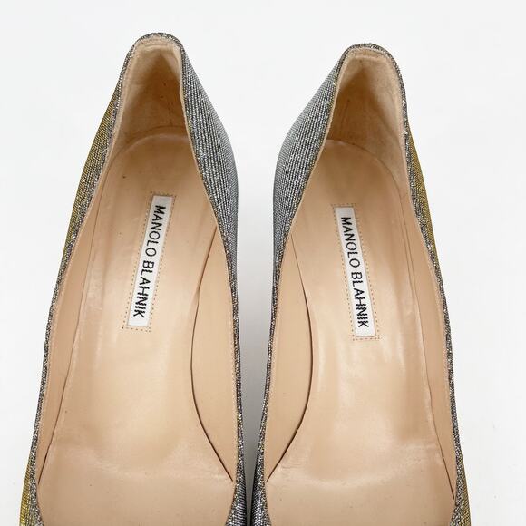 Manolo Blahnik Hangisi Glitter Silver Gold Fabric Crystal Buckle Pumps IT 37 - Picture 7 of 11